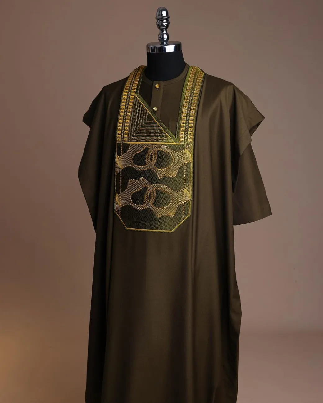 A Dark Olive Green, Connected Medulla And Wooven Pattern Embroidery Detailing Agbada