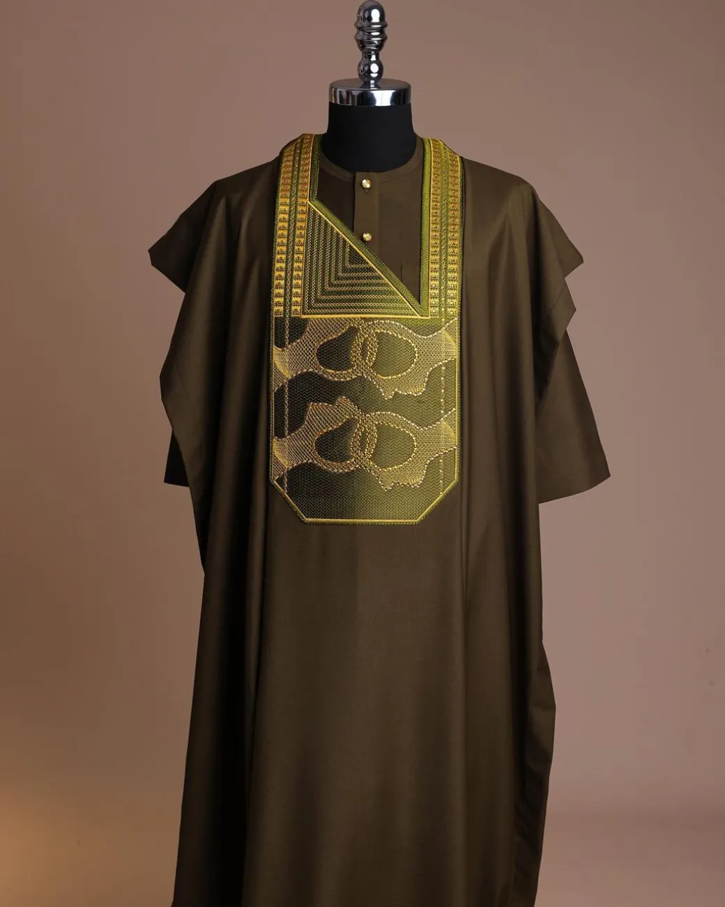 A Dark Olive Green, Connected Medulla And Wooven Pattern Embroidery Detailing Agbada