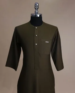 A Dark Olive Green, Front Flap With Clear View Swarovski Button, 3/4 Sleeve African Senator Kaftan Native.