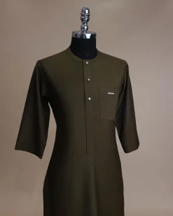 A Dark Olive Green, Front Flap With Clear View Swarovski Button, 3/4 Sleeve African Senator Kaftan Native.
