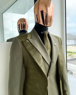 A Dark olive green “scritto” (inscribe your name), layered 4 lapels, double-breasted, out-waisted jointed jacket