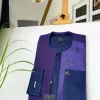 A dark purple matching paisley left section, and a silk blue flap and pocket with a Swarovski African Kaftan
