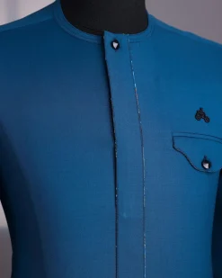 A Dark Sapphire Blue, Front Flap With Black Swarovski Button, 3/4-Sleeve African Senator Kaftan Native
