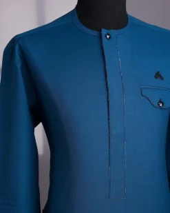 A Dark Sapphire Blue, Front Flap With Black Swarovski Button, 3/4-Sleeve African Senator Kaftan Native