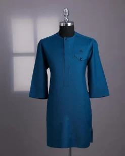 A Dark Sapphire Blue, Front Flap With Black Swarovski Button, 3/4-Sleeve African Senator Kaftan Native