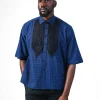 A Dark Skye blue and black Checkered, front pointed pleat, jet black studded Swarovski button, short sleeve, wide-cut casual shirt