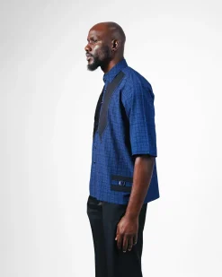 A Dark Skye blue and black Checkered, front pointed pleat, jet black studded Swarovski button, short sleeve, wide-cut casual shirt