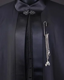 A “Darth Vader” Monochrome Charcoal Black Cape With Silk Taping, Long Sleeve African Senator Safari Kaftan Native & sokoto