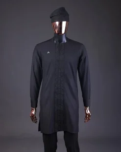 A “Darth Vader” Monochrome Charcoal Black Cape With Silk Taping, Long Sleeve African Senator Safari Kaftan Native & sokoto