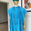 A Deep sky blue Embroidery Agbada, hand knitted aso oke cap, kaftan and sokoto