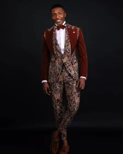 A “Dent” Floral Syrup Brown Metallic Jacquard Peak Quad Lapel Suit, Bow Tie & Gurkha Pant Trousers.