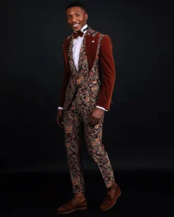A “Dent” Floral Syrup Brown Metallic Jacquard Peak Quad Lapel Suit, Bow Tie & Gurkha Pant Trousers.