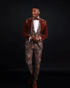 A “Dent” Floral Syrup Brown Metallic Jacquard Peak Quad Lapel Suit, Bow Tie & Gurkha Pant Trousers.