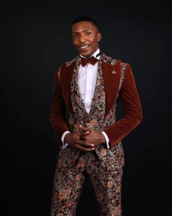A “Dent” Floral Syrup Brown Metallic Jacquard Peak Quad Lapel Suit, Bow Tie & Gurkha Pant Trousers.