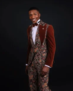 A “Dent” Floral Syrup Brown Metallic Jacquard Peak Quad Lapel Suit, Bow Tie & Gurkha Pant Trousers.