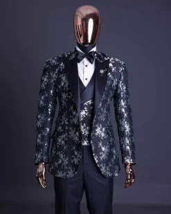 A Dispersed Charcoal black & splashed silver jacquard tuxedo suit