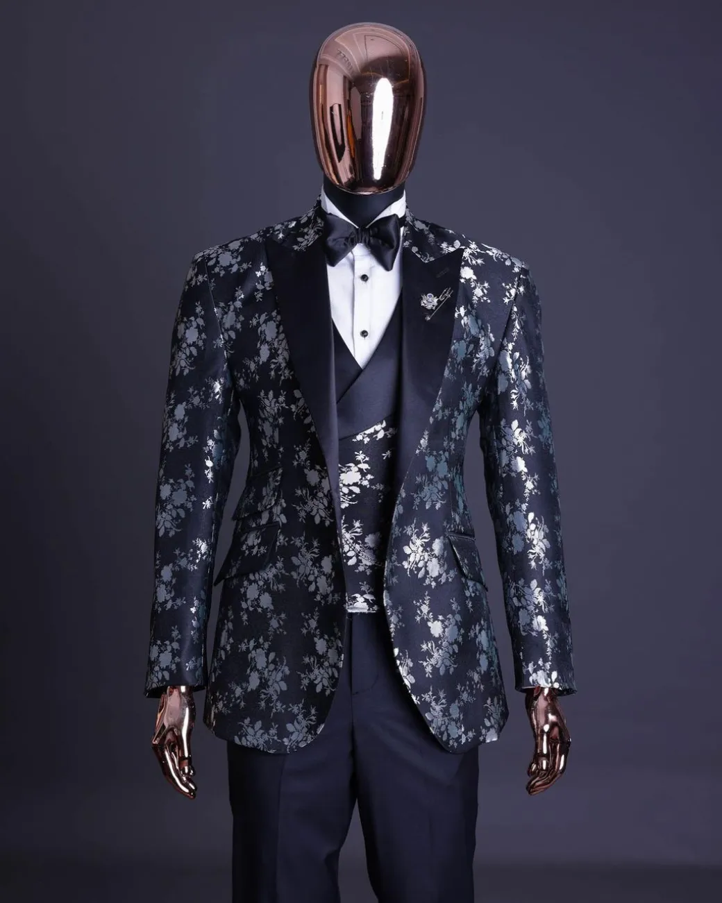 A Dispersed Charcoal black & splashed silver jacquard tuxedo suit