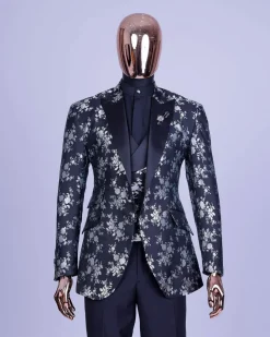 A Dispersed Charcoal black and splashed silver jacquard tuxedo suit.