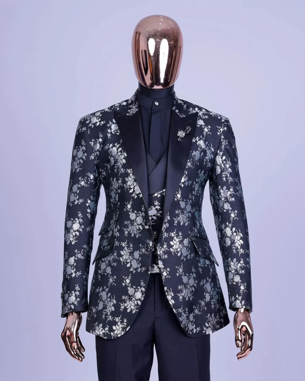 A Dispersed Charcoal black and splashed silver jacquard tuxedo suit.