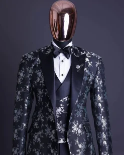 A Dispersed Charcoal black & splashed silver jacquard tuxedo suit