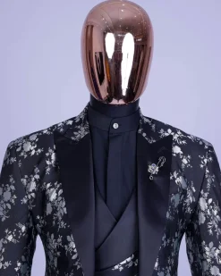 A Dispersed Charcoal black and splashed silver jacquard tuxedo suit.