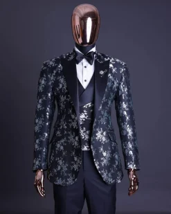 A Dispersed Charcoal black & splashed silver jacquard tuxedo suit