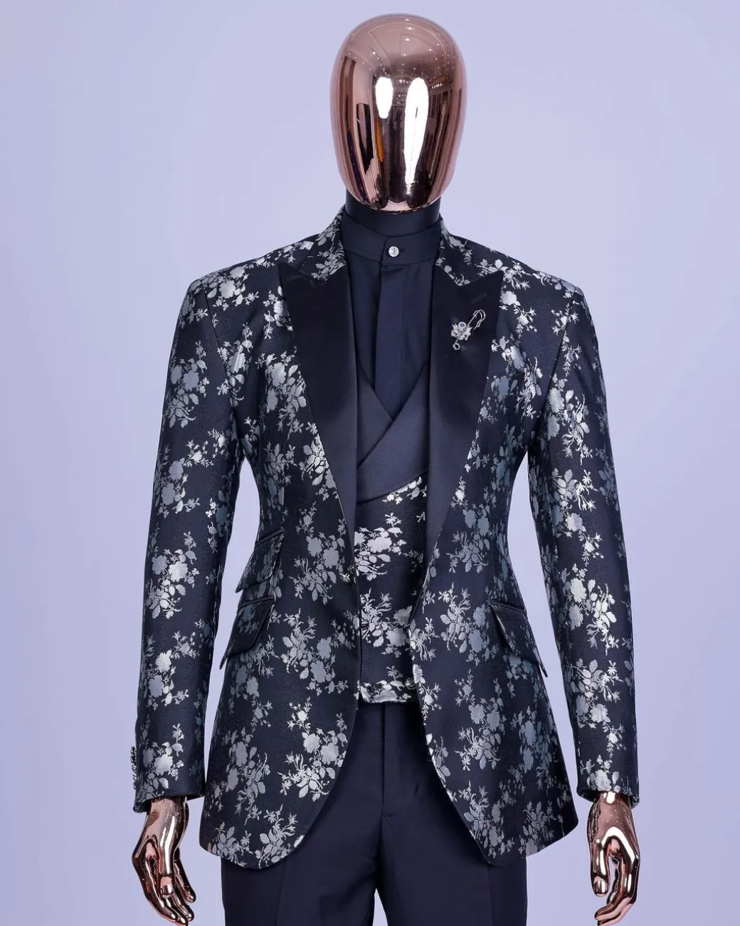 A Dispersed Charcoal black and splashed silver jacquard tuxedo suit.