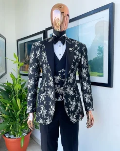 A Dispersed Charcoal black & splashed silver jacquard tuxedo suit