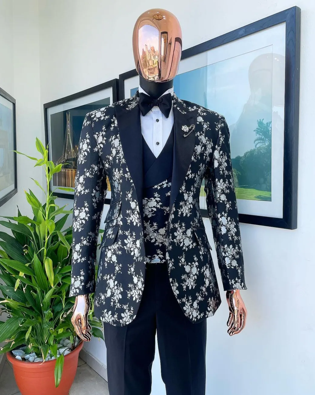 A Dispersed Charcoal black & splashed silver jacquard tuxedo suit