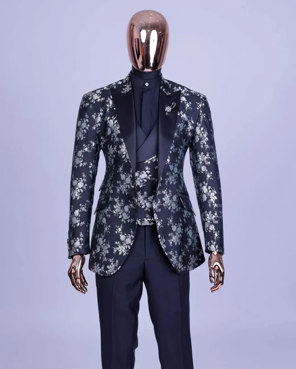 A Dispersed Charcoal black and splashed silver jacquard tuxedo suit.