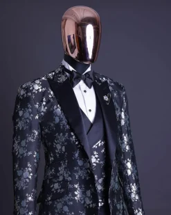 A Dispersed Charcoal black & splashed silver jacquard tuxedo suit