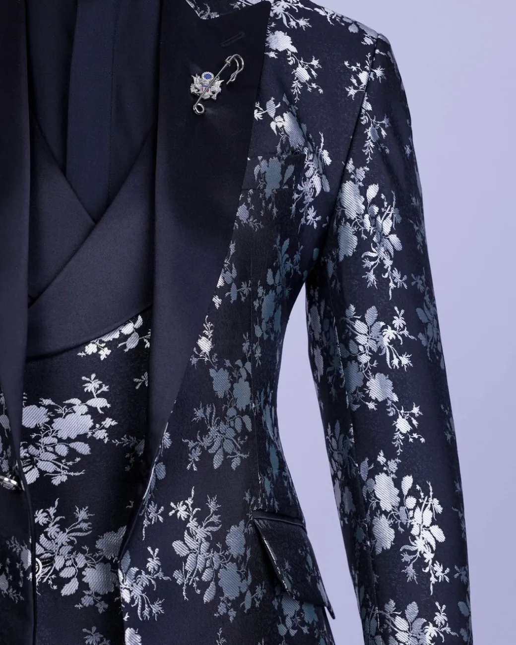 A Dispersed Charcoal black and splashed silver jacquard tuxedo suit.