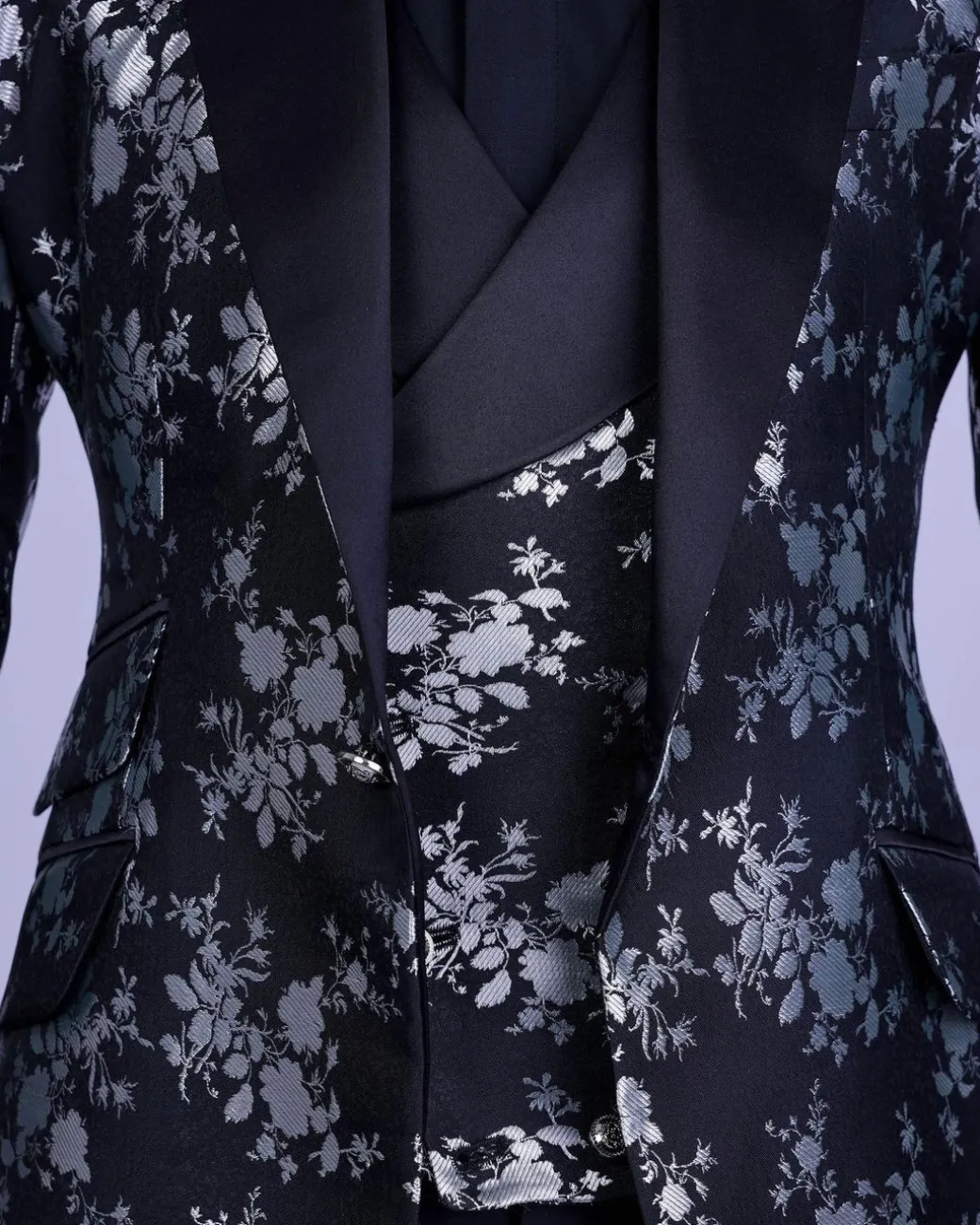 A Dispersed Charcoal black and splashed silver jacquard tuxedo suit.