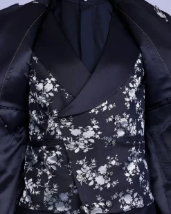 A Dispersed Charcoal black and splashed silver jacquard tuxedo suit.