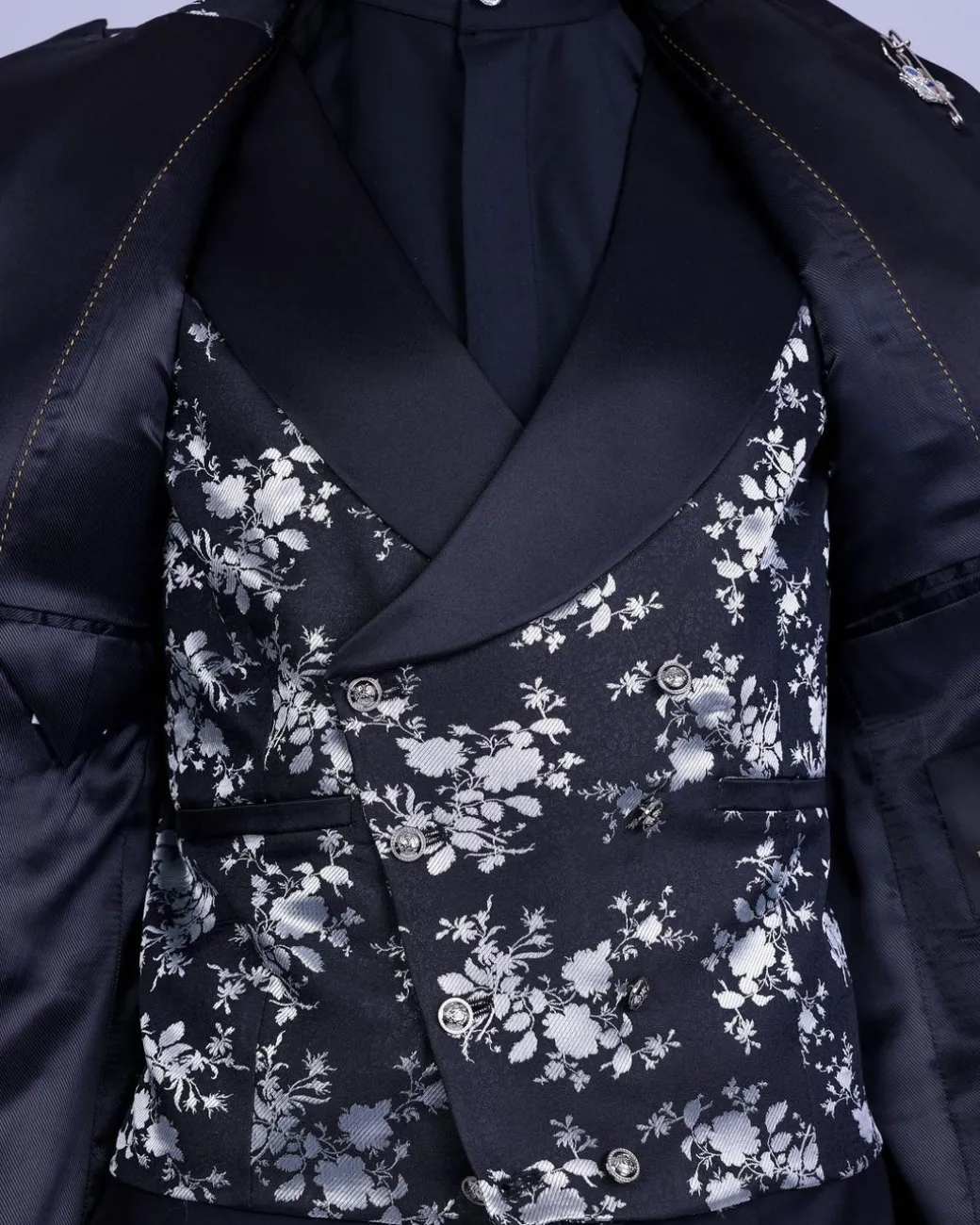 A Dispersed Charcoal black and splashed silver jacquard tuxedo suit.