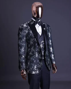 A Dispersed Charcoal black & splashed silver jacquard tuxedo suit
