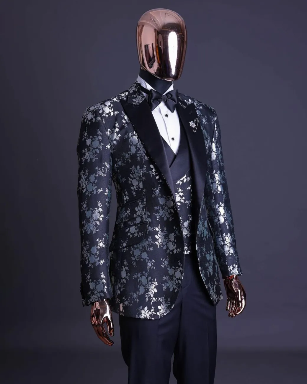 A Dispersed Charcoal black & splashed silver jacquard tuxedo suit