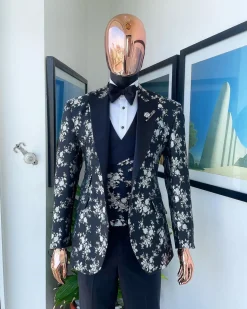 A Dispersed Charcoal black & splashed silver jacquard tuxedo suit