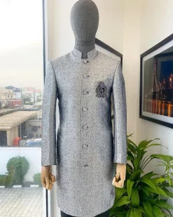A Dispersed Silver & black metallic jacquard  reloaded “Namaste” Indian Sherwani Traditional wedding safari suit.