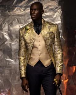 A Flora Champagne Gold Hand Knitted front open jacquard wedding tuxedo blazer suit