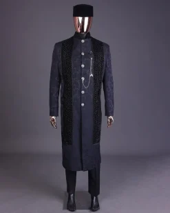 A floral midnight blue “wakanda” with L metallic embroidery, trench jacquard safari suit