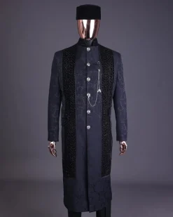 A floral midnight blue “wakanda” with L metallic embroidery, trench jacquard safari suit