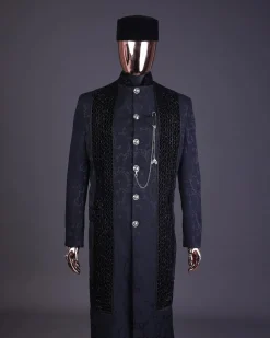 A floral midnight blue “wakanda” with L metallic embroidery, trench jacquard safari suit