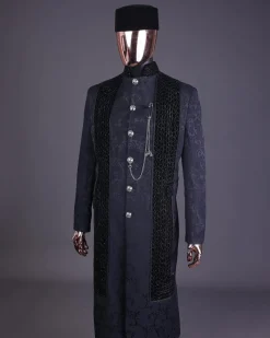 A floral midnight blue “wakanda” with L metallic embroidery, trench jacquard safari suit