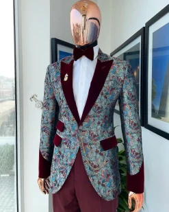 A floral paisley mahogamy red soaked Italian velvet peak lapel suit
