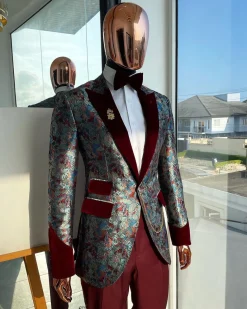 A floral paisley mahogamy red soaked Italian velvet peak lapel suit