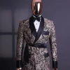 A Floral splashed pink metallic jacquard, shawl lapel wrap tuxedo suit