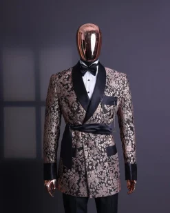 A Floral splashed pink metallic jacquard, shawl lapel wrap tuxedo suit