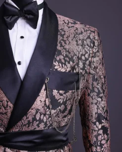A Floral splashed pink metallic jacquard, shawl lapel wrap tuxedo suit