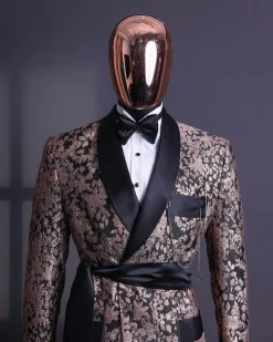 A Floral splashed pink metallic jacquard, shawl lapel wrap tuxedo suit